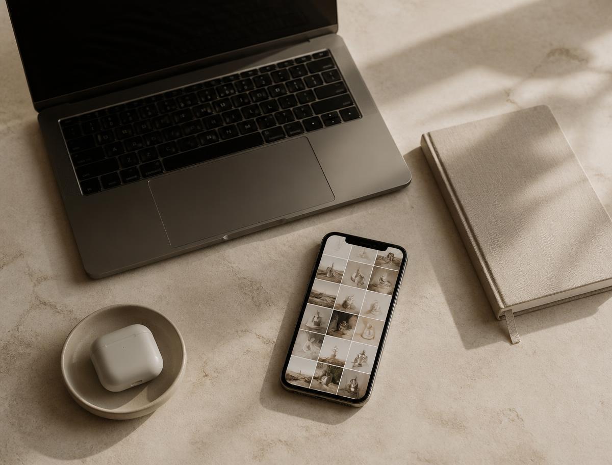 Laptop, notebook and phone showing a designed Instagram grid