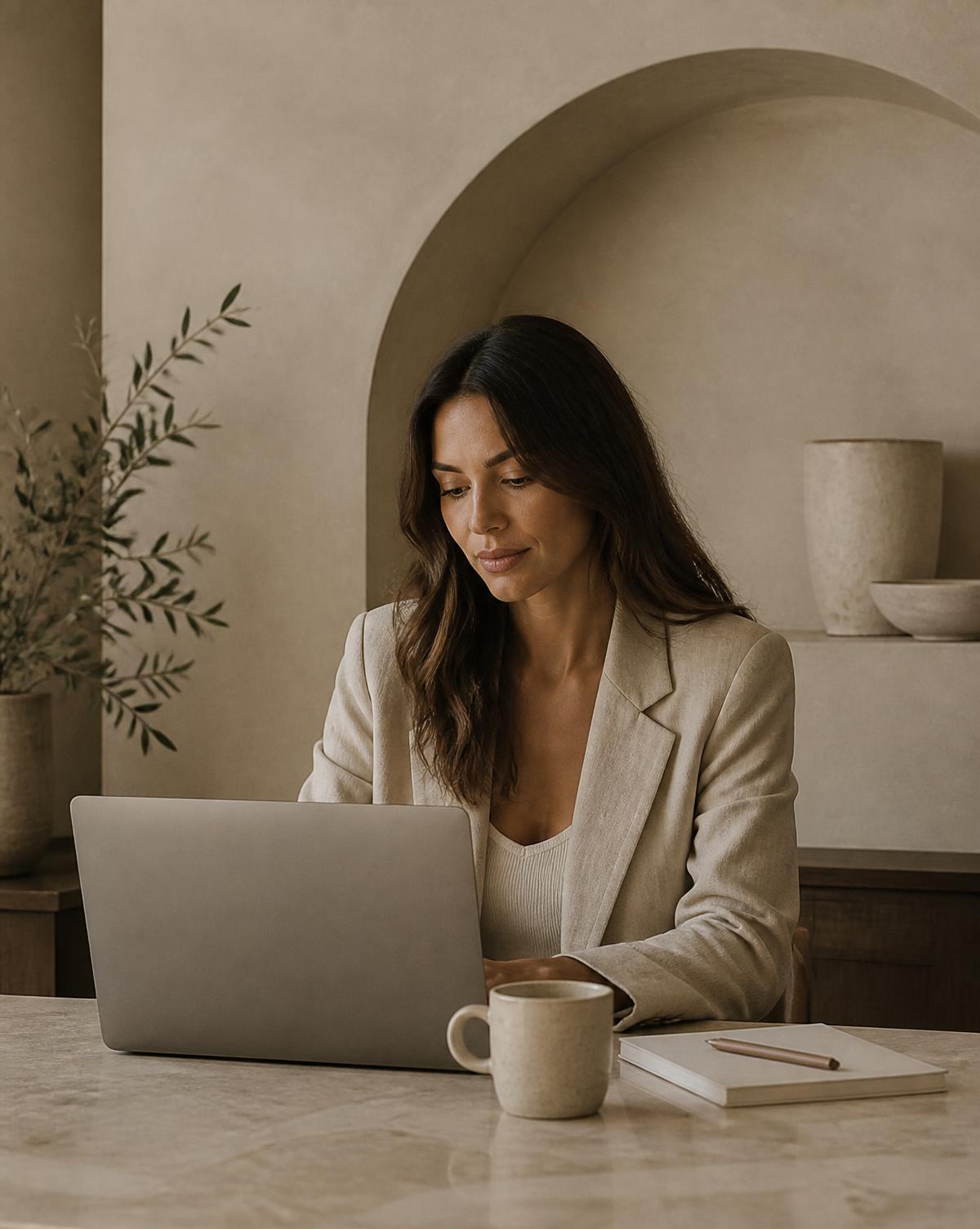 Digital launch specialist working at a calm, minimal desk